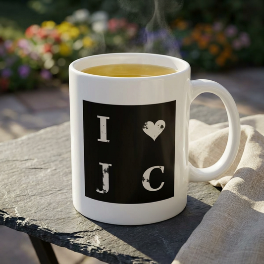 I  Love J C -  Ceramic Mug —Distressed Lettering Coffee Cup (11oz, 15oz)
