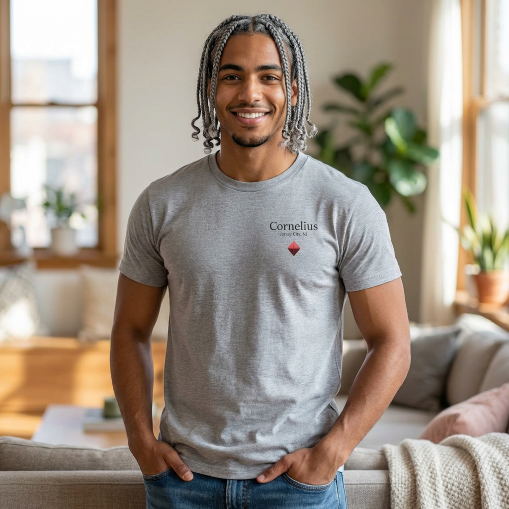 Cornelius Jersey City Logo Tee — Small Red Diamond Chest Print